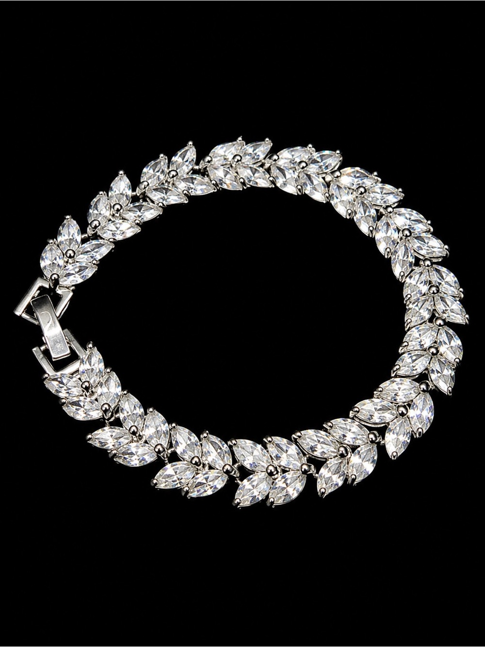 Silver Tone Marquise Rhinestone Tennis Bracelet Leaf Link Glam